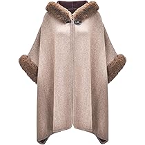 MISSMAO Faux-Pelz Mantel Mit Kapuze - Lange Strickjacke Cape Poncho