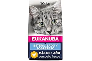 Eukanuba Alimento seco para gatos adultos, Alimento seco premium bajo en grasa para el mantenimiento del peso para gatos esterilizados/castrados, 10 kg