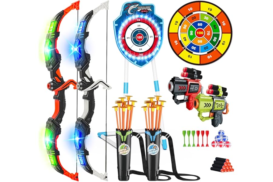 VATOS 2 Pack Bow and Arrow Toy with LED Light - 4 in 1 Archery & Dart Game Set with 20 Suction Cup Arrows, Shark Glow Target & Dart Board - Indoor/Outdoor Birthday Gift for Kids Boys Girls Ages 5-12