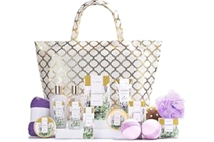 Spa Luxetique Set de Baño y Ducha a Lavanda, Set Lujoso de Regalo con 15 Piezas en Bolso de Mano, Incluye Exfoliante Corporal, Gorro para Secar Cabello, Regalos Originales para Mujer