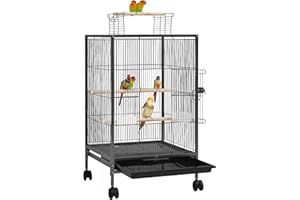 Yaheetech Gabbia per Uccelli in Metallo 45,5 cm x 45,5 cm x 79 cm, con Posatoio Mangiatoia Vassoio con Ruote, Voliera per Pappagallini Canarini Fringuelli, Gabbietta da Esterno Interno, Nera