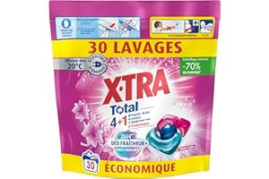 X-Tra Total - Lessive Capsules- Trio-Caps - 4+1 - Propreté - Eclat - Fraîcheur - Engagé pour vous - Economique - Parfum Fleuri - Déo Fraîcheur + - 24H Anti-Odeurs - Efficace des 20°C - 30 Lavages