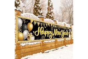LAMEK 2024 Happy New Year Banner Extra Long New Year Background New Year's Day Backdrop Black Gold New Year's Eve Party Decoration for Indoor Outdoor Garden Wall Door Decor Supplies,300x50cm