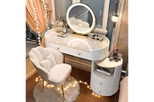 JIANRUI White Dressing Table with LED Light Mirror, Vanity Makeup Table with 3 Drawers & Stool, Bedroom Makeup Desk Dresser for Girls Women (with Chair)