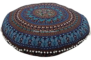 Stylo Culture Ethnisch Dekorativ Rund Bodensitzkissen 80 x 80 cm Groß Bodenkissen Pouf Mandala Dunkelblau Boho Pom Pom Spitze Schöne Sitzkissen Baumwolle Kamel Boden Sitzkissen Kinder