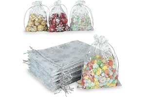 Jedebartey Organza Gift Bag 5.2 x 7 inch, 20 PCS Silver Foil Patterns Drawstring Pouch, White Medium Mesh Favor Bags for Jewellery Wedding Birthday Party
