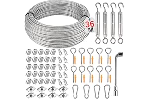 Philtool 73Pcs Drahtseil Kit, 36M Edelstahl Drahtseil 3mm, 304 Stahlseil Ummantelt mit Ösen Seilspanngarnitur, für Aufhängen von Lichterketten, Zäunen, Außenbeleuchtung, Wäscheleinen, Gardinenseil
