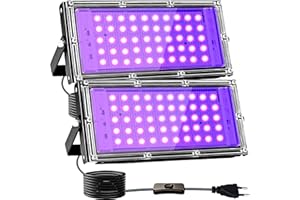 Indmird Luce Nera UV 50W, 2 Pezzi Faretto UV LED con Interruttore, 395-400nm Potente Faro UV Impermeabile IP65 Lampada UV per Festa Glow,Pittura,Acquario,Natale,Halloween
