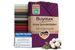 Buymax® Dra-på-lakan 90x200 cm – 100% bomull jersey, för madrasser upp till 25 cm, Aubergine