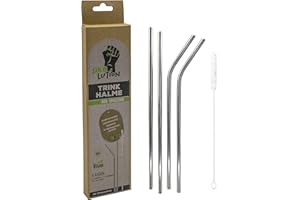 Ökolution Lot de 4 pailles en acier inoxydable avec brosse de nettoyage, 2 pailles droites et 2 pailles courbées réutilisables, longueur 21,5 cm 473