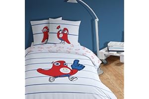 OMYDREAM Paris 2024 JO Mascotte Marinière Parure de lit Enfant 1 Personne | 100% Coton | Oeko-TEX | House de Couette 140x200 cm + 1 Taie d'oreiller 63x63 cm| Imprimé Réversible | Blanc