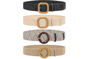 JASGOOD 4 Pack Straw Woven Elastic Stretch Waist Belts for Women Dresses, Fashion Boho Ladies Braided Skinny Belt