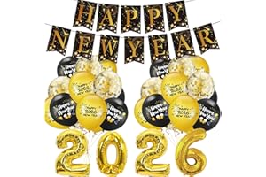 Amycute New Year Eve Decoration 2026 New Year's Eve Party Supplies, Happy New Year Banner, 2026 Foil Balloons, Latex Balloons, New Years Eve Black and Gold Decor Photography Kit (D)