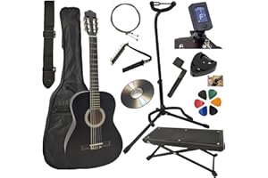 AMROVA Pack Guitare Classique 4/4 (Adulte) Support Guitare + Repose Pied + 9 Accessoires Cour Vidéo et CD (Noir)