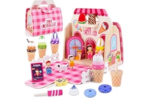 KMTJT Wooden Ice Cream Shop Toys - 39 PCS Pretend Play Food Toys for Ages 3+, Play Kitchen Accessories with Handbag, Wooden Picnic Toys for 3 4 5 Year Old Girls Boys Christmas Birthday