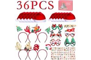 Withosent 36 Piezas Accesorios Navidad, 12 Gorro Navidad, 12 Pegatinas de Tatuajes, 6 Diadema, 6 Gafas Navidad, Ideas Para Regalar En Navidad con Caja Regalo,Detalles Navidad Accesorios Niños Adultos