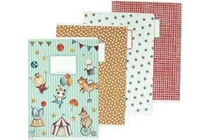 ‎PAPIERDRACHEN Papierdrachen - 4 high-quality school notebooks for children, DIN A4, lined and squared, 32 pages, circus motif, for school enrolment for primary school students, set number 3-16 sheets