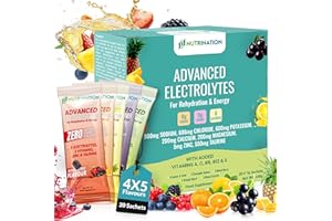 NUTRINATION Advanced Electrolytes Sachets – High Strength Hydration Sachets with 5 Electrolytes, 5 Essential Vitamins & 500mg Taurine for Energy Support – Zero Sugar, Zero Calories – Variety Pack of 20
