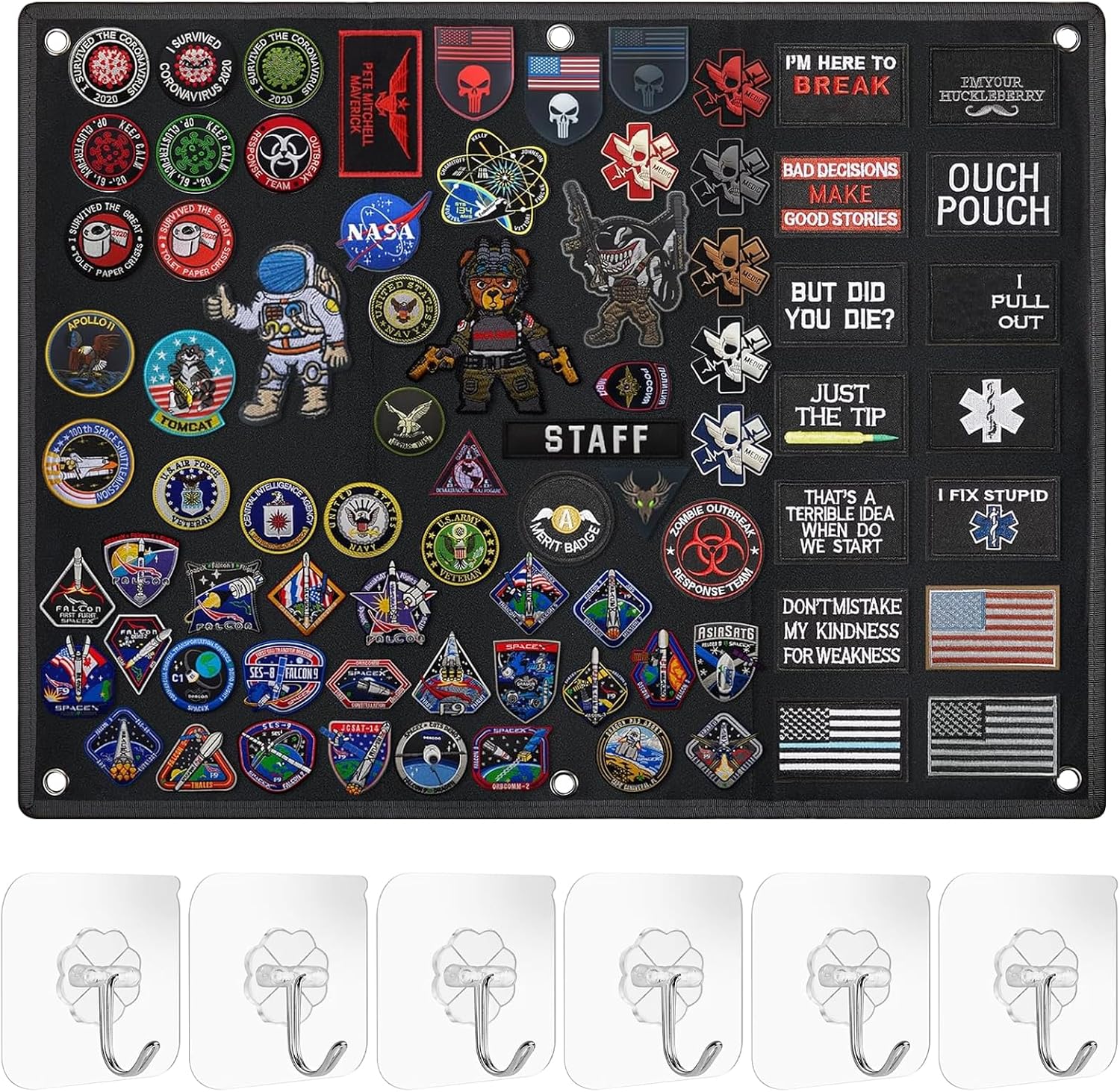 Hshenjhu Panel Táctico para Parches, Tablero de Exhibición de Parches Tácticos, Panel para Parche Militares, Tablero de Parche de Militar Táctico Plegable, con 6 Ganchos, 60 X 45 CM, Negro