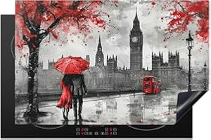 KitchenYeah© Protection Plaque Induction 80x52 cm Protege Deco Cuisine Cache Protège De Cuisson Accessoire Londres - Rouge - Noir - Couple - Romantique - 80x52 cm