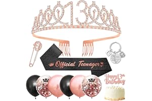 SWPEED 13th Birthday Gifts for Girls,13th Birthday Decorations Girls 13th Birthday Sash and Tiara,13th Tiara Crown,Glitter Birthday Sash,Black Rose Gold Balloons,Cake Topper,Keyring for Teenager Gifts Girls