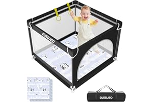 Djedjeo Box Bambini con Materassino, 90x90cm Recinto Bambini con Tappeto, Box Neonato con Porta Cerniera, 2 Anelli Box Bimbo, 4 Ventose Inferiori,Centro Attività per Bambini Pieghevole