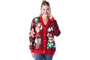 Giggling Getup Damski świąteczny brzydki sweter kardigan, świecący brzydki sweter bożonarodzeniowy, zabawny świąteczny sweter