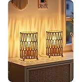GOEBLESON Set of 2 Bedside Table Lamps, Boho Rattan | Bedside Lamps with Black Lampshade with 1 LED Bulb 4W 2400K, Vintage St