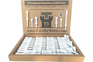 Castle Tees Official Bamboo Golf Tees up to 140 Tees 9 Sizes & Colours Premium Super Strong in Orange Purple Pink Sky Blue White Yellow Navy Blue Red Green Free Pitch Repair Tool