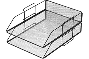 PORTENTUM Set de 2 Bandejas Portadocumentos de Malla Metálica, Tamaño A4, Negro - Organizador de Escritorio Apilable, Revistero, Archivador y Clasificador de Documentos, Correo y Cartas