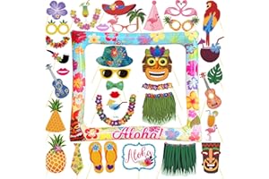 LMSHOWOWO 36 Pieces Hawaii Photo Props Set and Inflatable Photo Frame, Summer Photo Box Accessories, Hawaii Theme Photo Booth Props, Aloha Photo Props, for Summer Beach Luau Party Supplies