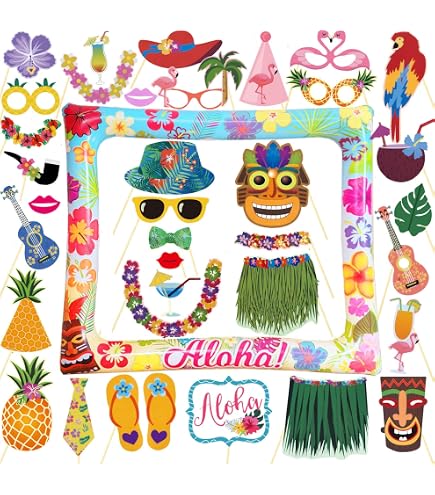 33Pcs Accessoires Photo Booth Hawaïen - Kit Photobooth Tropical Tiki Pour Fêtes, Anniversaire Et Mariage