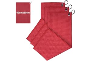 CAIXIANGYU Lot de 3 Serviettes de Golf Microfibre Professionnelles - 40x30cm Haute Absorption & Séchage Rapide, Anti-Odeurs avec Mousqueton pour Sacs de Golf/Sport (Rouge)