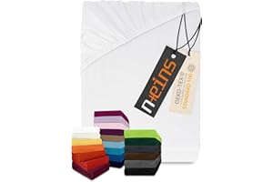 npluseins Sábana bajera ajustable clásica de punto, muchos colores y tamaños, 100% algodón, 90-100 x 200 cm, color blanco