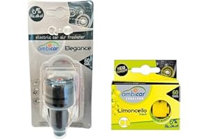 AMBICAR - Ambientador eléctrico para COCHE. Pack Nº2 (DIFUSOR + RECAMBIOS Elegance y Limoncello) Esencias Naturales, SIN Alcohol ni Químicos. Fragancia jazmín y aroma limón