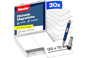 GAUDER Etichette Magnetiche Riscrivibili - Magneti Riutilizzabili da Etichettare per Lavagna, Lavagna Kanban, Frigorifero e Bacheca - Cartellini Magnetici con Pennarello (30 Pezzi - 120 x 70 mm)