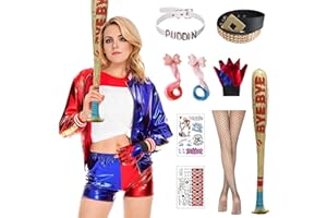 Harsever Déguisement Quinn Costume Harley, Costume Carnaval Fille Femme Quinn Costume avec Veste T-Shirt Short Ceinture Mitaines Deguisement Harley pour Carnaval Halloween