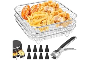 LEKEFETO 3 cesti griglia per friggitrice ad aria calda: 304 in acciaio inox con 8 piedini in silicone, cesti in acciaio inox, cesti impilabili per airfryer, friggitrice ad aria (quadrato)