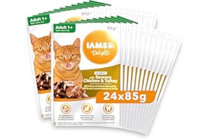 Iams Nourriture Humide en Sauce Poulet/Dinde pour Chat Adulte Toutes Les Races 85 g - Pack de 24
