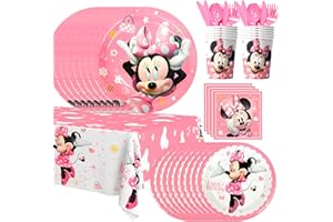 FRUITFUL PARTY Minnie Thema Geschirr Party Set,113pcs Minnie Kindergeburtstag Set-Minnie Maus Plate Servietten Becher Tischdecke etc Minnie Geburtstagsdeko Geschirr