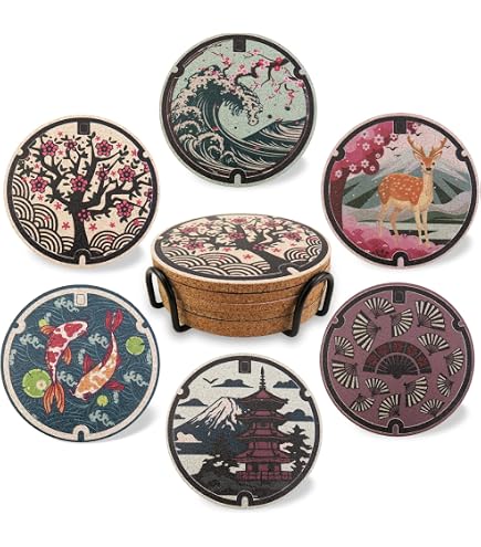 Set Di 4 Sottobicchieri Con Scene Giapponesi - Ciliegi In Fiore E Montagne, 9,5x9,5 Cm