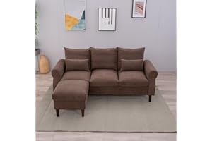 Panana 3 Seater Sofa with Ottoman Footstool, Classic Rolled Arms Couch, Solid Wood Legs Settee For Small living Room Office Lounge, Brown Linen Fabric