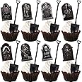 48 Pack Halloween Cupcake Toppers Tombstone Horrible Cupcake Topper Novelty Mini Shovel Spoons Gravestone Skeleton Zombie Cupcake Picks for Happy Halloween Theme Birthday Party Cupcake Decorations