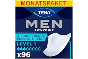 ‎TENA TENA Men Absorbent Protector Inkontinenzeinlagen, Level 1, für leichte Blasenschwäche, 96 Inkontinenzeinlagen (12 x 8 Packungen) für Männer, speziell entwickelt , Länge 23 cm