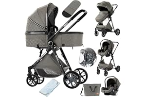 Suttonbebe Carrito Bebe 3 en 1, Carro Bebe 3 Piezas Empuje Bidireccional Reversible, Carro Bebe Marco de Aleación de Aluminio, Cochecito Bebe 3 Piezas Alto Paisaje Recién Nacidos (V9 Deep Grey)