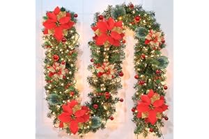 YKGUTILU Weihnachtsgirlande mit Beleuchtung - 2,7 m Girlande Weihnachten - Weihnachtsdekoration mit 30 warmen LED-Lichtern für Treppen, Kamine, Türen, Dekoration, Weihnachtshochzeitsfeier (Rot)