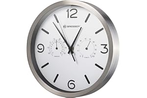 Bresser MyTime ND zegar sterowany radiowo, z cichym mechanizmem zegarowym, rama ze stali nierdzewnej i wskaźnik temperatury i wilgotności powietrza, biały