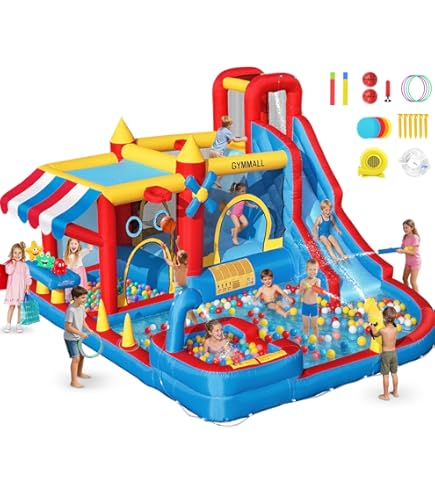 Castillo Inflable COSTWAY Con Doble Tobogán, Pared De Escalada, Piscina De Pelotas, Fútbol, Baloncesto Y Lanzamiento De Anillos | Incluye Compresor Y Accesorios | Para 3-4 Niños Hasta 120 Kg