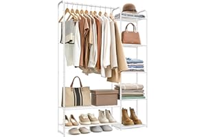 SONGMICS Appendiabiti, Armadio Aperto, Asta Appendiabiti, Portabiti con Ripiani Portaoggetti, Guardaroba in Metallo, Autoportante, Bianco Opaco LGR462W01