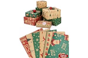 SOBEAU Papel Regalo Kraft Navidad, 18 Papel de Regalo Reciclable, Colección Elementos Navideños, 6 Diferentes Patrones de Papel, Papel Envolver Regalo Infantil para Navidad, Año Nuevo (70x50cm)